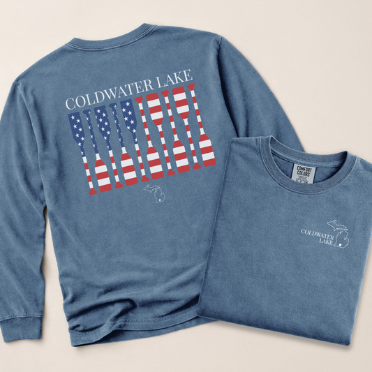 Lake Patriotic Paddle Long Sleeve Tee – Personalizable Lake Long Sleeve – Comfort Colors® 6014